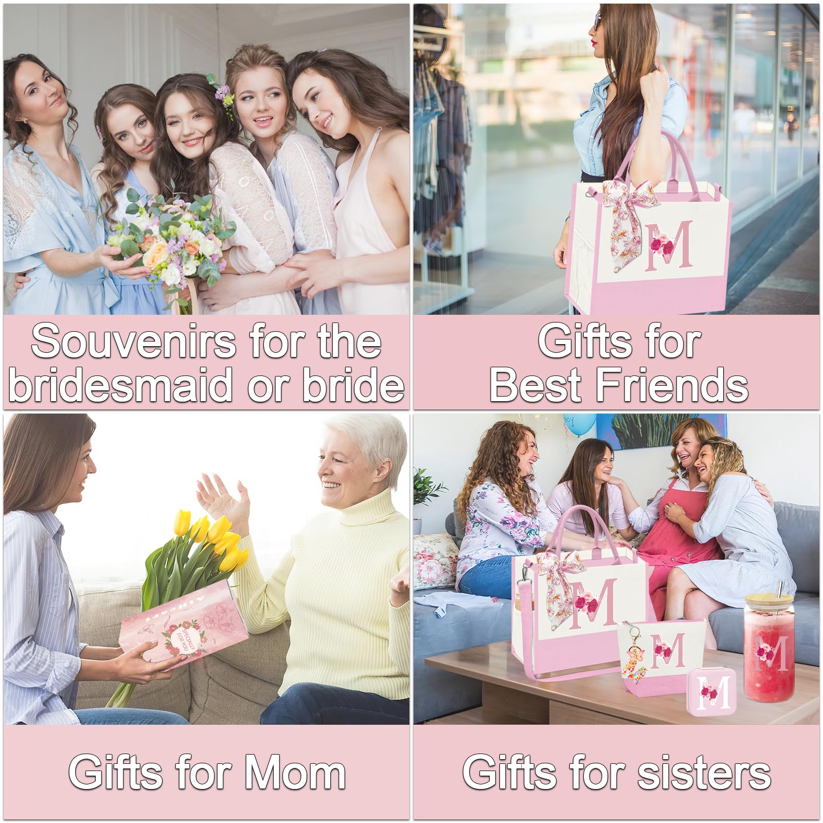 Mother's Day Gifts,Birthday Gift for Women,Initial Canvas Tote Bag,Personalized Gifts for Women,16oz Glass Cup With Straw,Jewelry Storage Box,Monogrammed Gift for Woman Mom Sister Bestie-M