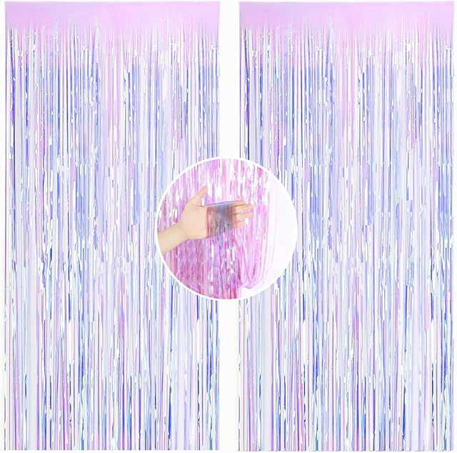 2Pc 1m*2m Iridescent Purple Fringe Foil Curtain Backdrop, Party Rainbow Foil Curtain Tinsel Curtain Hanging Streamers for Mermaid Unicorn Themed Kids Birthday Party Wedding Wall Door Way Decorations
