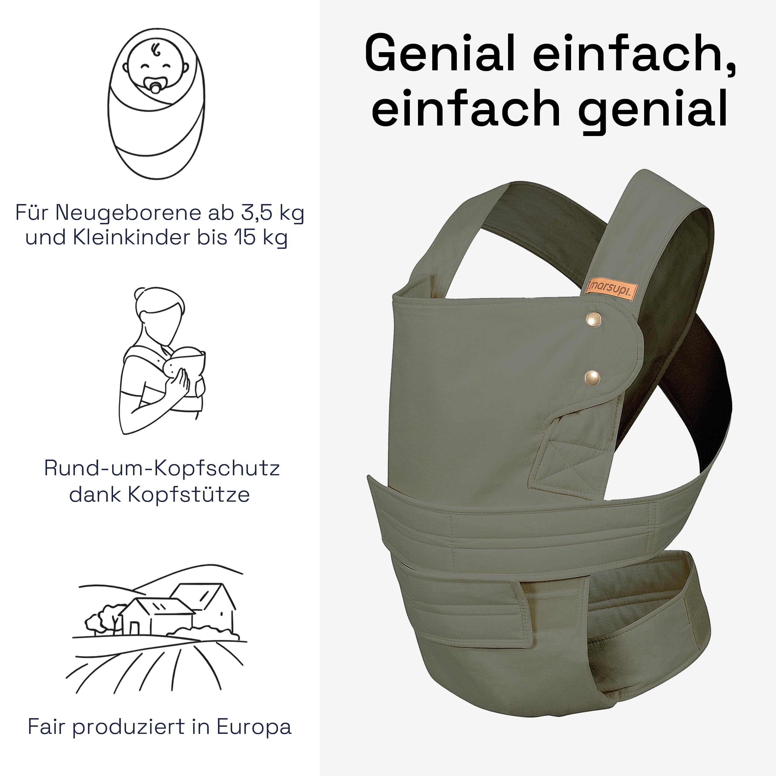 marsupi Babytrage für Neugeborene ab Geburt bis 15kg - kompakte Babytrage mit stabilem Klettsystem - aus luftigem Baumwoll-Leinen-Gewebe, Olive (L)
