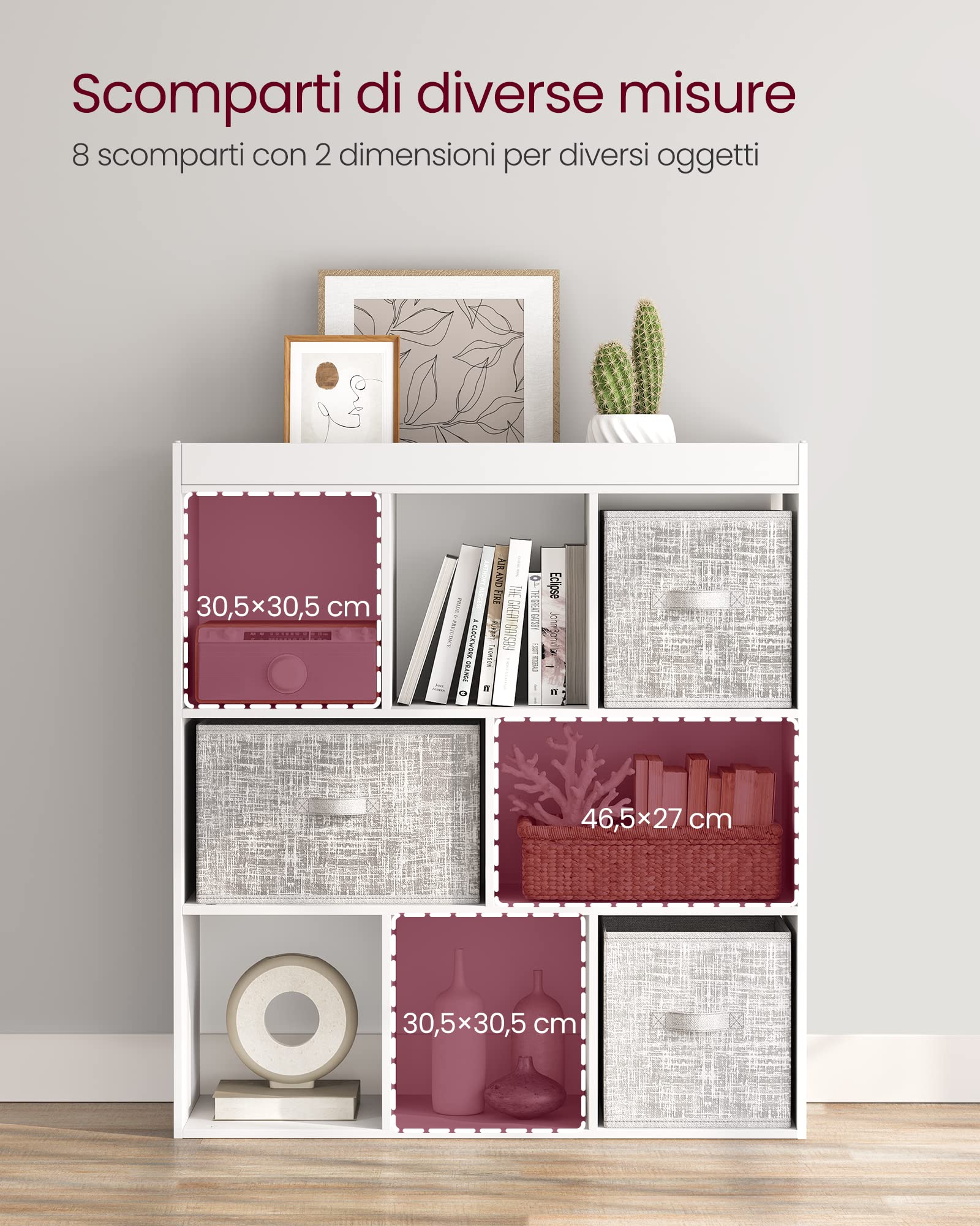 VASAGLE Libreria, Libreria Scaffale da Terra con 8 Scomparti Aperti, Utilizzabile in Orizzontale, Verticale o Capovolto, 30 x 97,5 x 100 cm, Soggiorno Studio Ufficio, Bianco LBC52WT