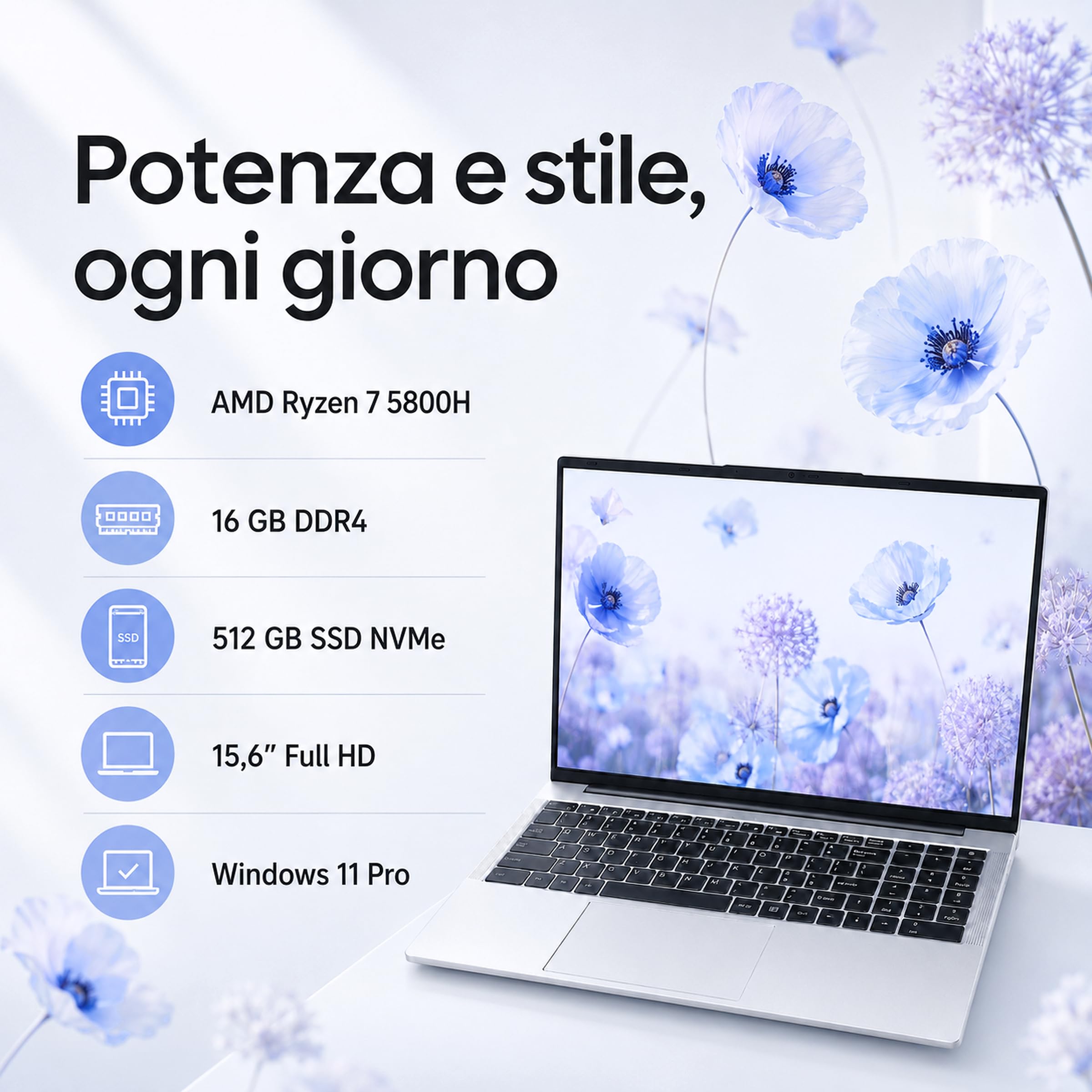 Notebook 15.6 Pollici PC Portatile, Ryzen 7 5800H, 16GB RAM DDR4 + 512GB SSD, Windows 11 Pro, Webcam HD, Tastierino Numerico,Tastiera retroilluminata