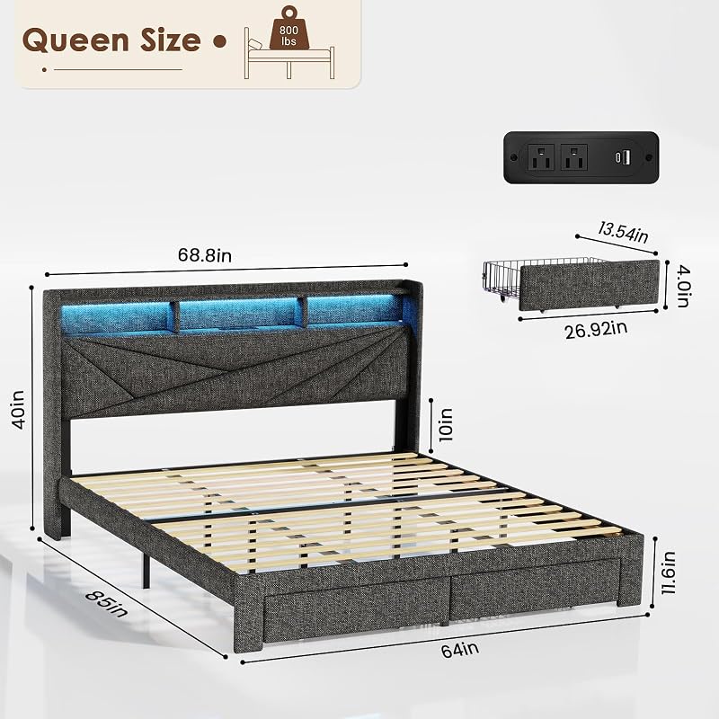 Queen Bed Frame with 2 Storage Drawers and Upholstered Headboard image 2