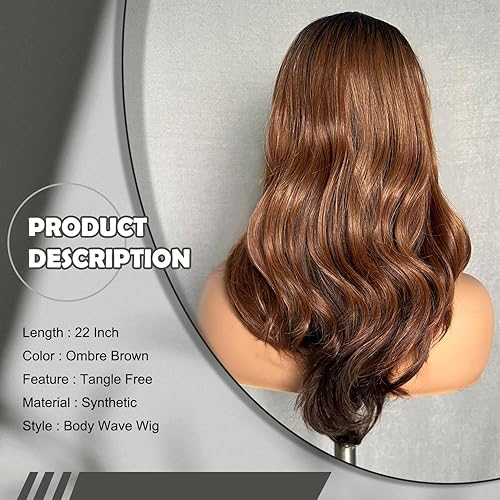 Miniatura 2 de SOKU Pelucas sintéticas onduladas con encaje frontal de 22 pulgadas, peluca ondulada con pelo de bebé, color marrón degradado, sin pegamento,