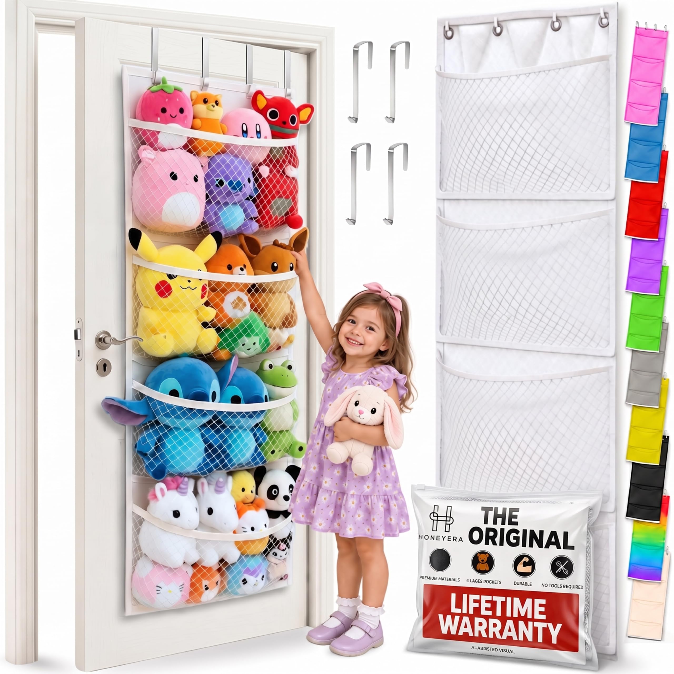 Honeyera The Original Stuffed Animal Storage (Patented) - Over Door Organizer for Stuffies, Baby Ideas Holder, Toy Plush Hammock Hanging Net Big Girls Toddler Large Bag Animals Stuffy Behind