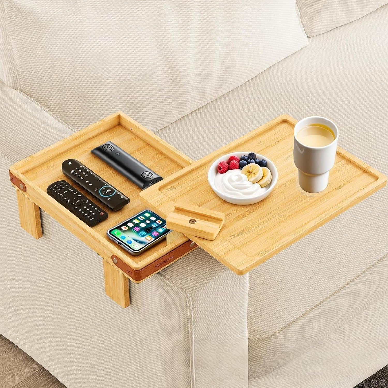 Bamboo Sofa Arm Tray, 360° Rotating Storage Organizer, 14.2x11.8x12.6 inches, Fits 6.7-9.7 inch Wide Couch