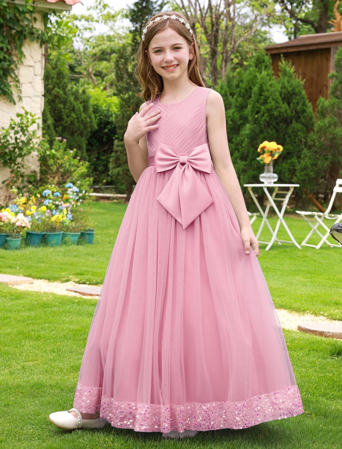 IDOPIP Flower Girl Dress Wedding Formal Pageant Dresses for Girls Long Maxi Sequin Tulle Bowknot Bridesmaid Communion Gown - Image 2