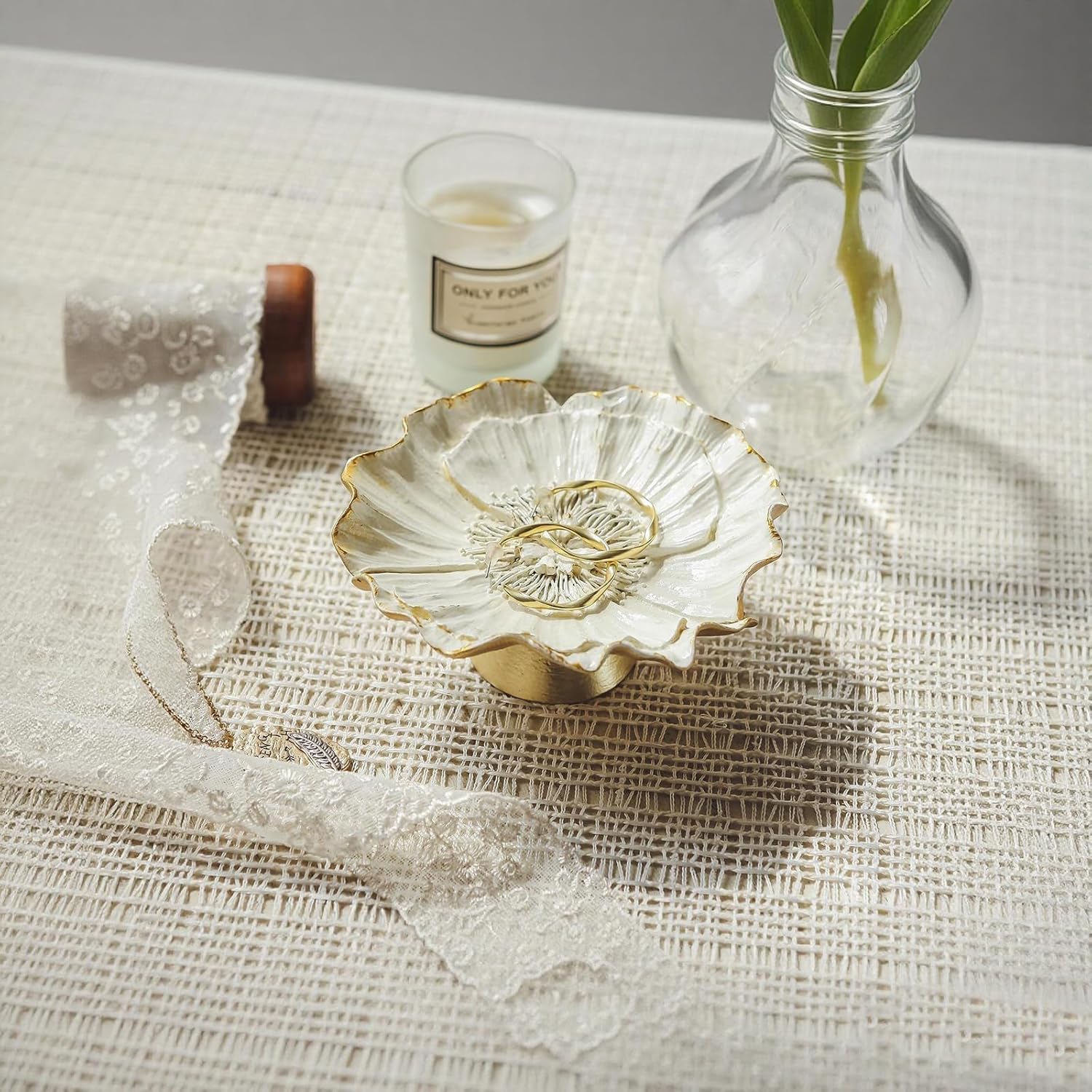 NIKKY HOME Small Vintage Ring Holder Jewelry Dish, Flower Shaped Trinket Display Decorative Metal Tray Classy Birthday Gifts for Women, White