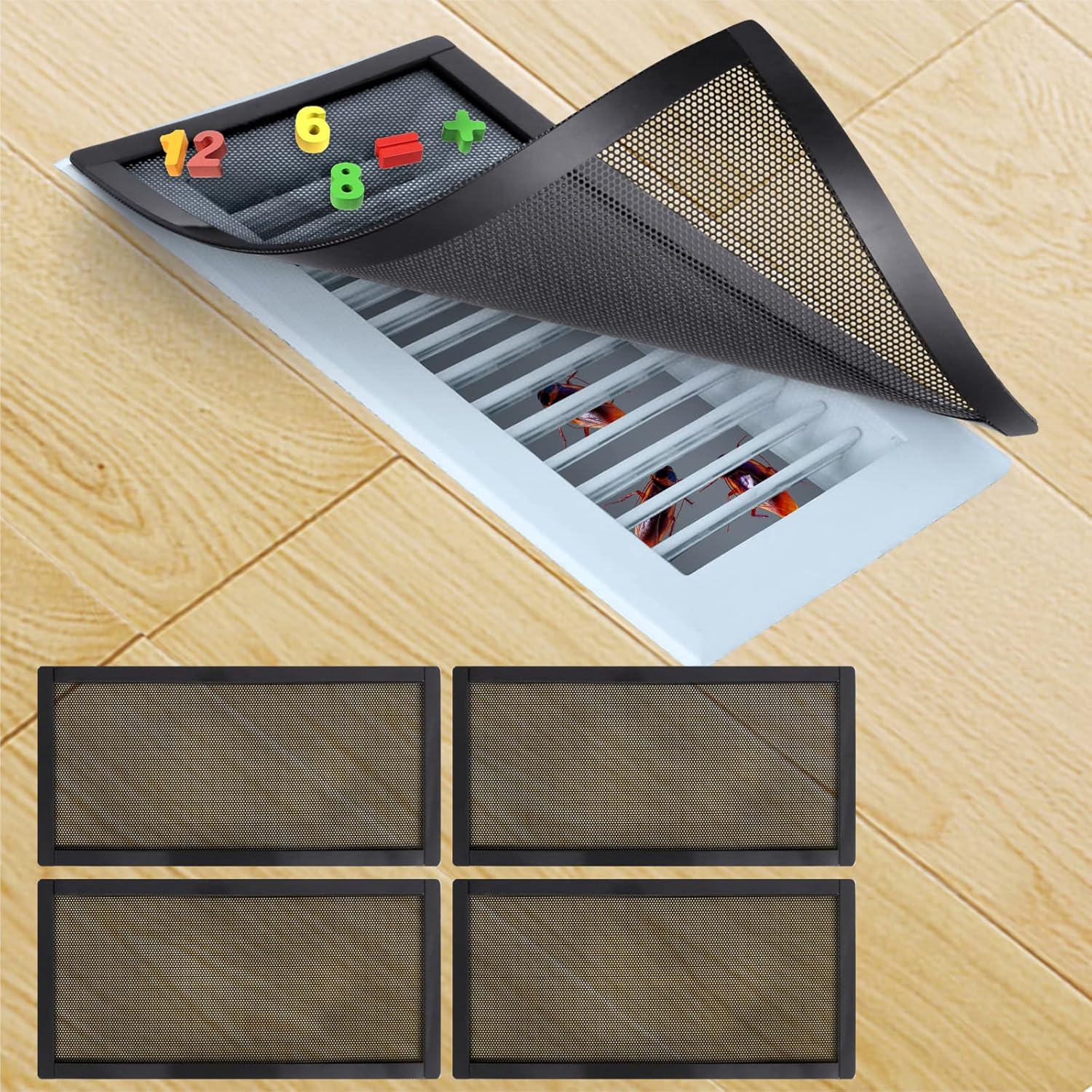 Magnetic Floor Register Vent Covers, 6 x 12 Inch Air Vent Filter Mesh, Sticky Magnet PVC Vent Screen Net for Wall Ceiling Floor Catches Toys Snacks Pet Hair and Pet Food 4 Pack