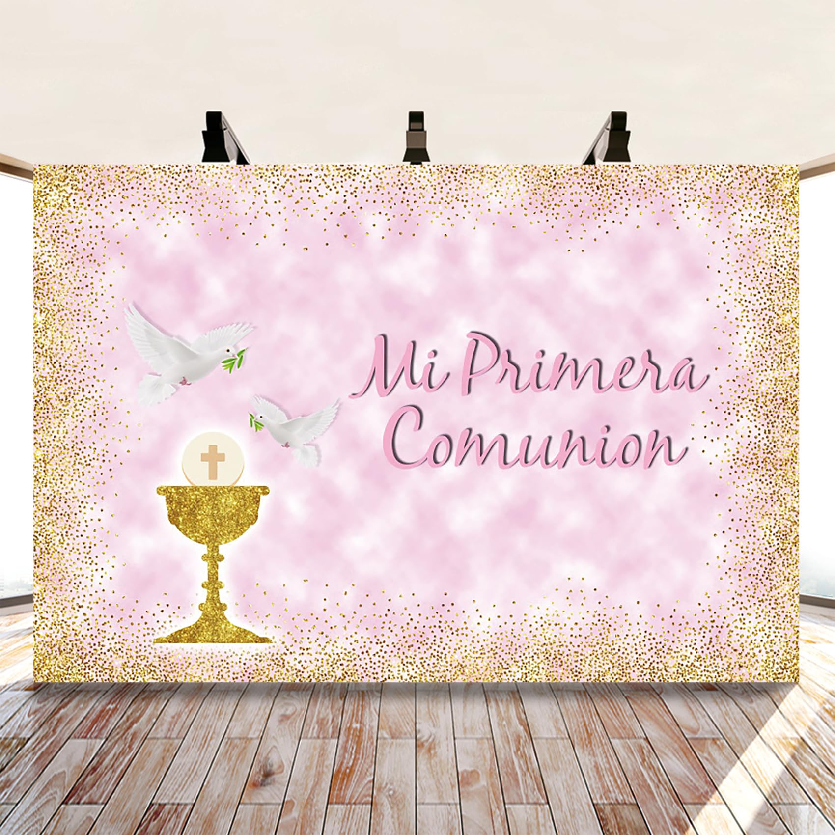 3,5x3m Mi Primera Comunion Fondo Palomas Primera comunión Bautismo Fotografía Fondo Rosado Oro Puntos Bautizo Baby Shower Telones de Fondo Foto Estudio Accesorios, Vinilo