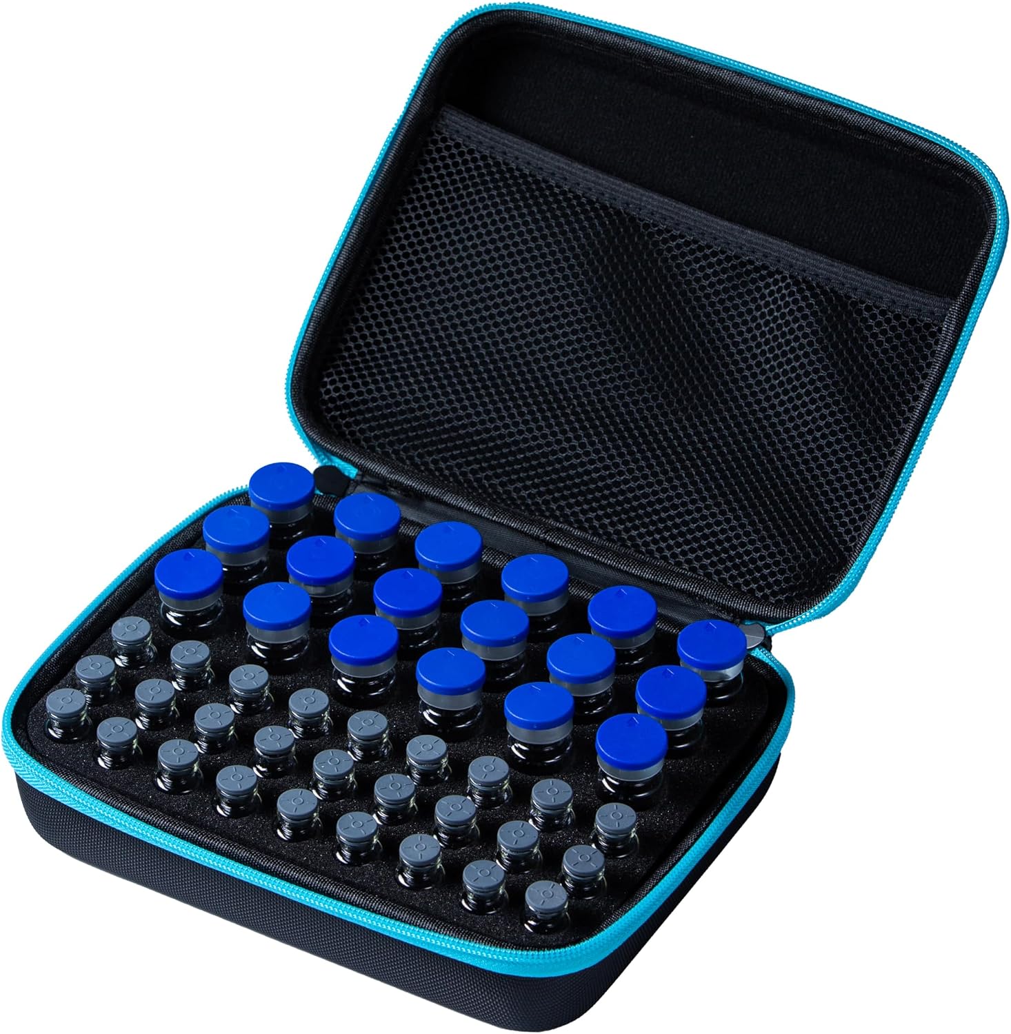 45 Vials holder, 3ml Peptide Vial Case for Fridge, Fits 1ml to10ml Vials Storage, with Hand Strap and Logo, Fridge Organizers, Black and Blue Zippers