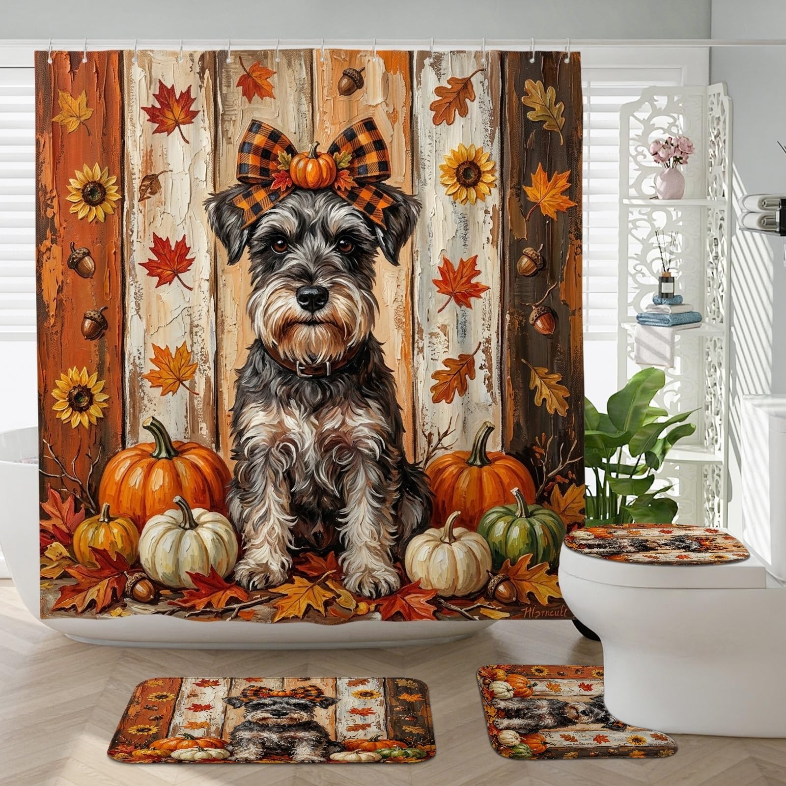 Ensemble de 4 pièces rustiques pour salle de bain motif schnauzer bois