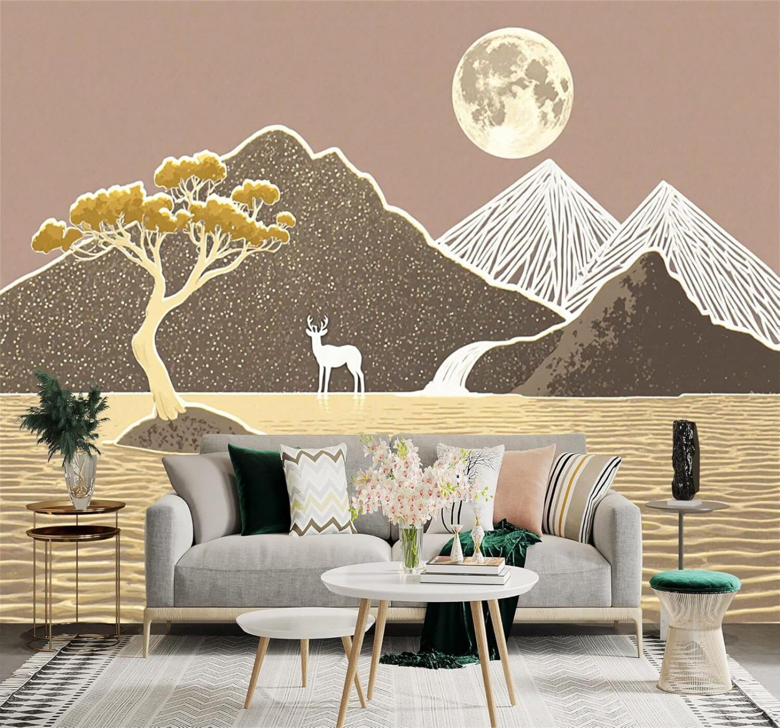 Xlming 150Cm×105Cm(B×H) Golden Lake Deer Moonlight Mountains Tree Landscape 3D Wallpaper Silky Texture Home Study Office Grey Dining Room Sofa Bedroom Living Room Tv Backdrop-150Cm×105Cm
