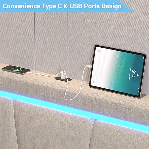 Miniatura 5 de DICTAC Base de cama LED matrimonial con 4 cajones y puertos USB, moderna plataforma tapizada de piel sintética con almacenamiento y cabecero LED RGB