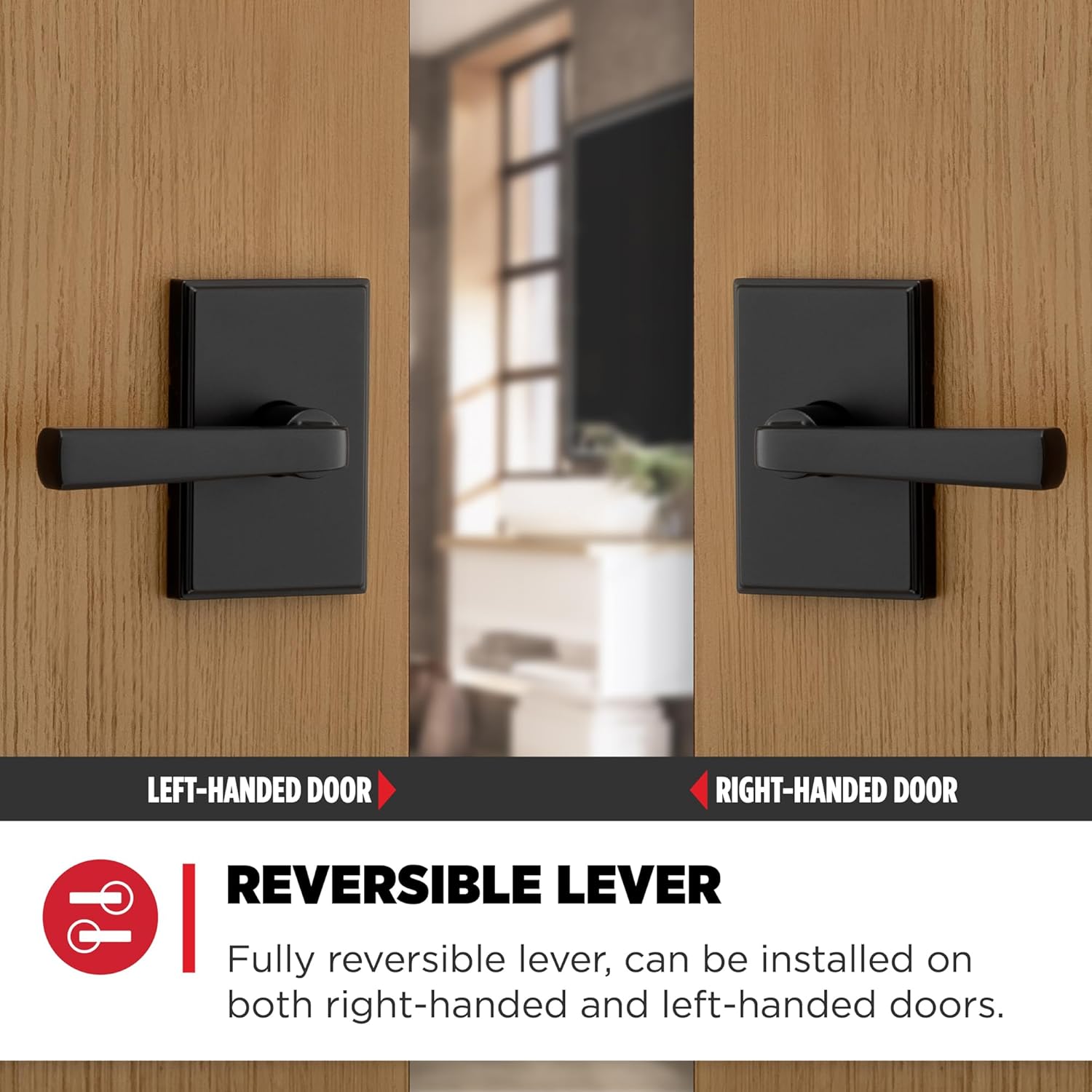 Kwikset Trafford Interior Rectangle Privacy Door Handle with Lock, Door Lever for Bathroom and Bedroom, Matte Black Reversible Keyless Push Button Lock Door Lever