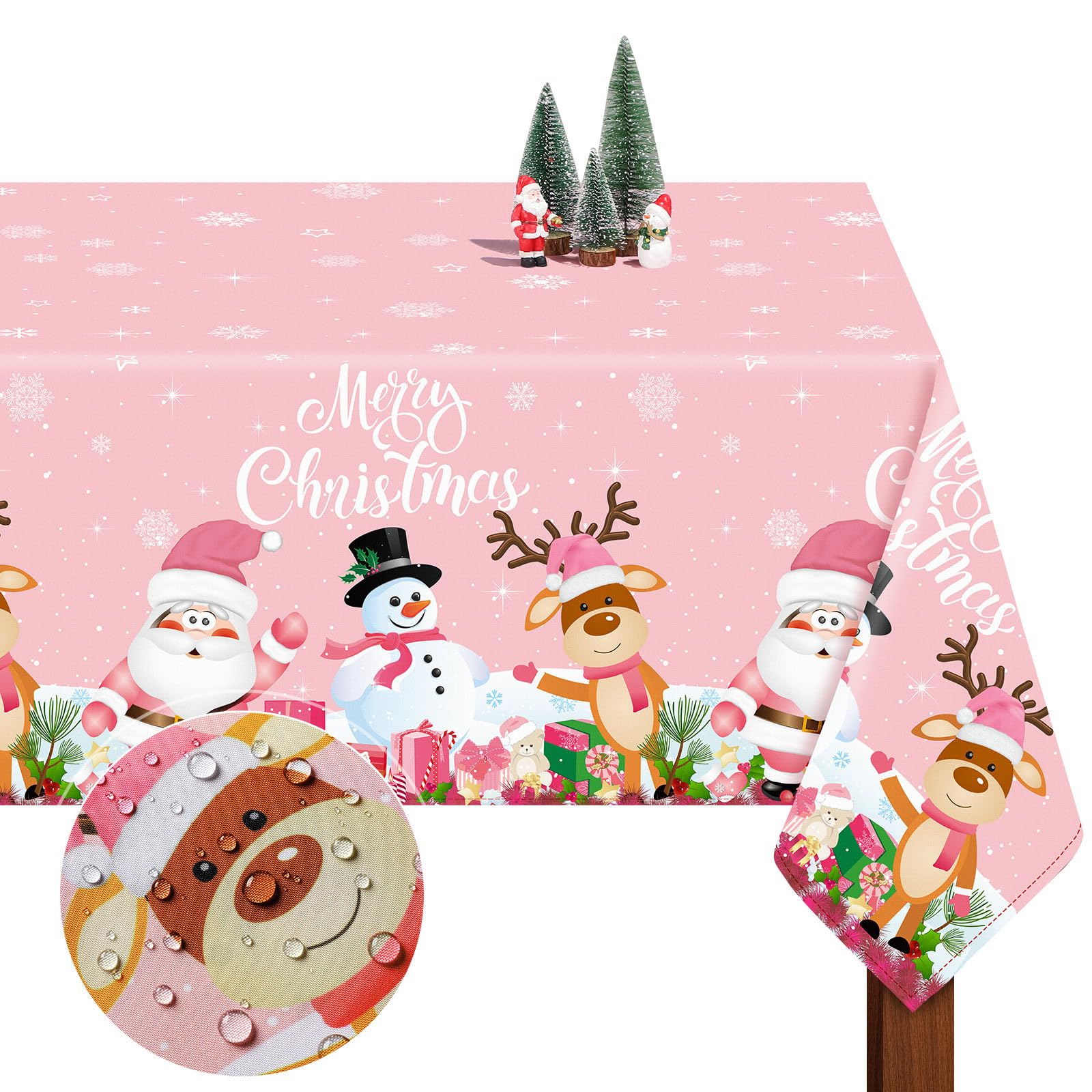 Tiamon 60 x 84 Inch Pink Christmas Tablecloth for Rectangle Table, Fabric Washable Water Proof Table Cover Snowman Santa Claus Cover Decorations for Xmas Winter Holiday Dinner Party Supplies