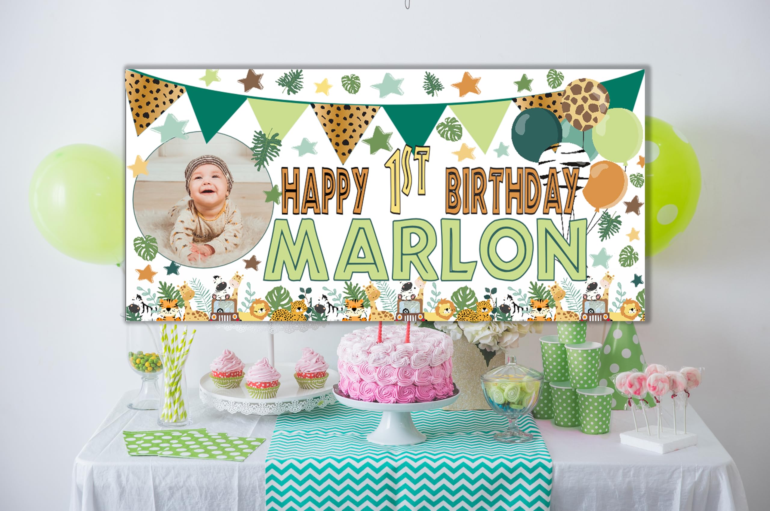 Large Personalised 1st Birthday Banner First Birthday Backdrop for Boys Safari Party Decorations Customised with Name Age Photo Party Decorations 2nd 3rd (Safari Green, 4x2ft - Indoor Banner Paper) — image 1
