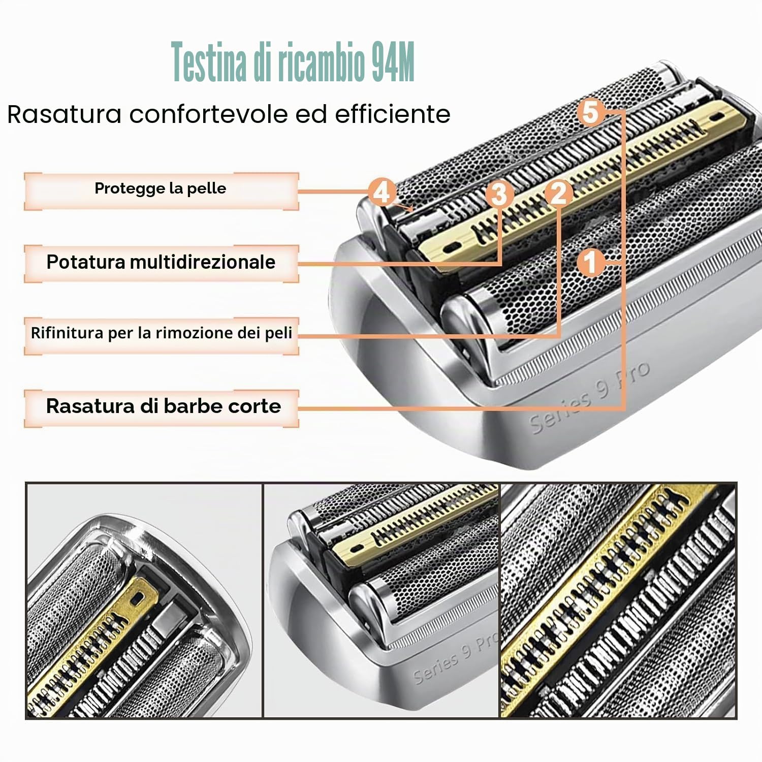 Testina per rasoio elettrico di ricambio 94 m, accessori compatibili con la testa di rasoio Braun Series 9 per S9 9290cc, 9291cc, 9370cc, 9376cc, 9293s, 9260s, 9295cc, 9385cc