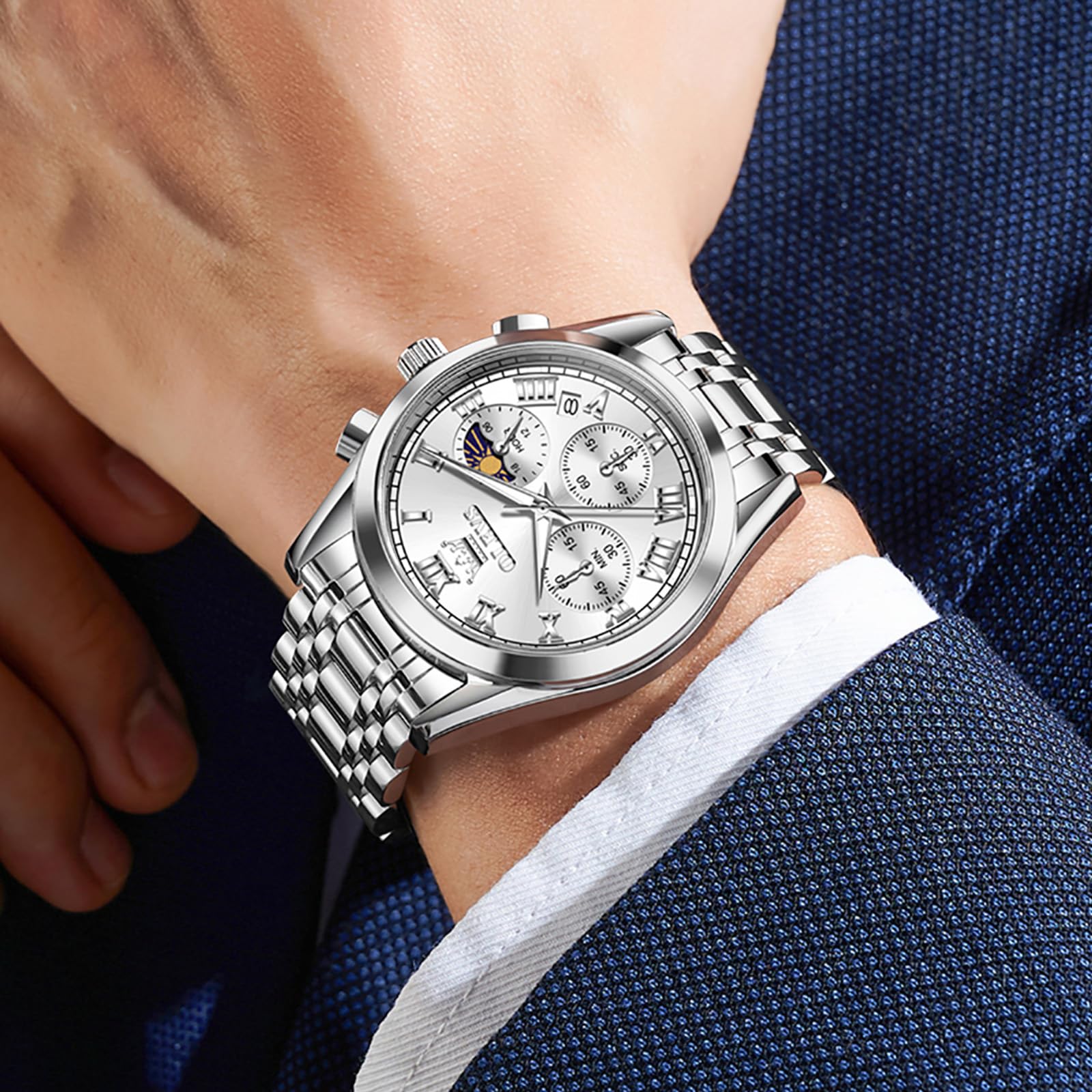 OLEVS Montre pour homme avec bracelet en acier inoxydable, phase lunaire et | Montre pour homme de 40 mm avec mouvement à quartz, aiguilles lumineuses, verre résistant aux rayures