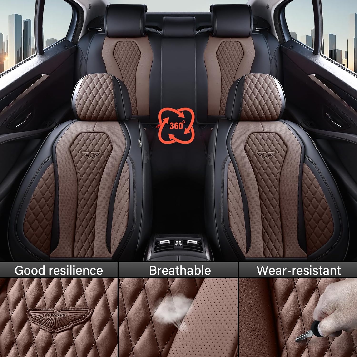 Coverado Car Seat Covers, Seat Covers Full Set, Coffee Car Seat Cover, Auto Seat Covers Front Seats Rear Seat Cover, Luxury Car Seat Cushion,Leather Seat Cover Seat Protector Universal Fit Most Cars