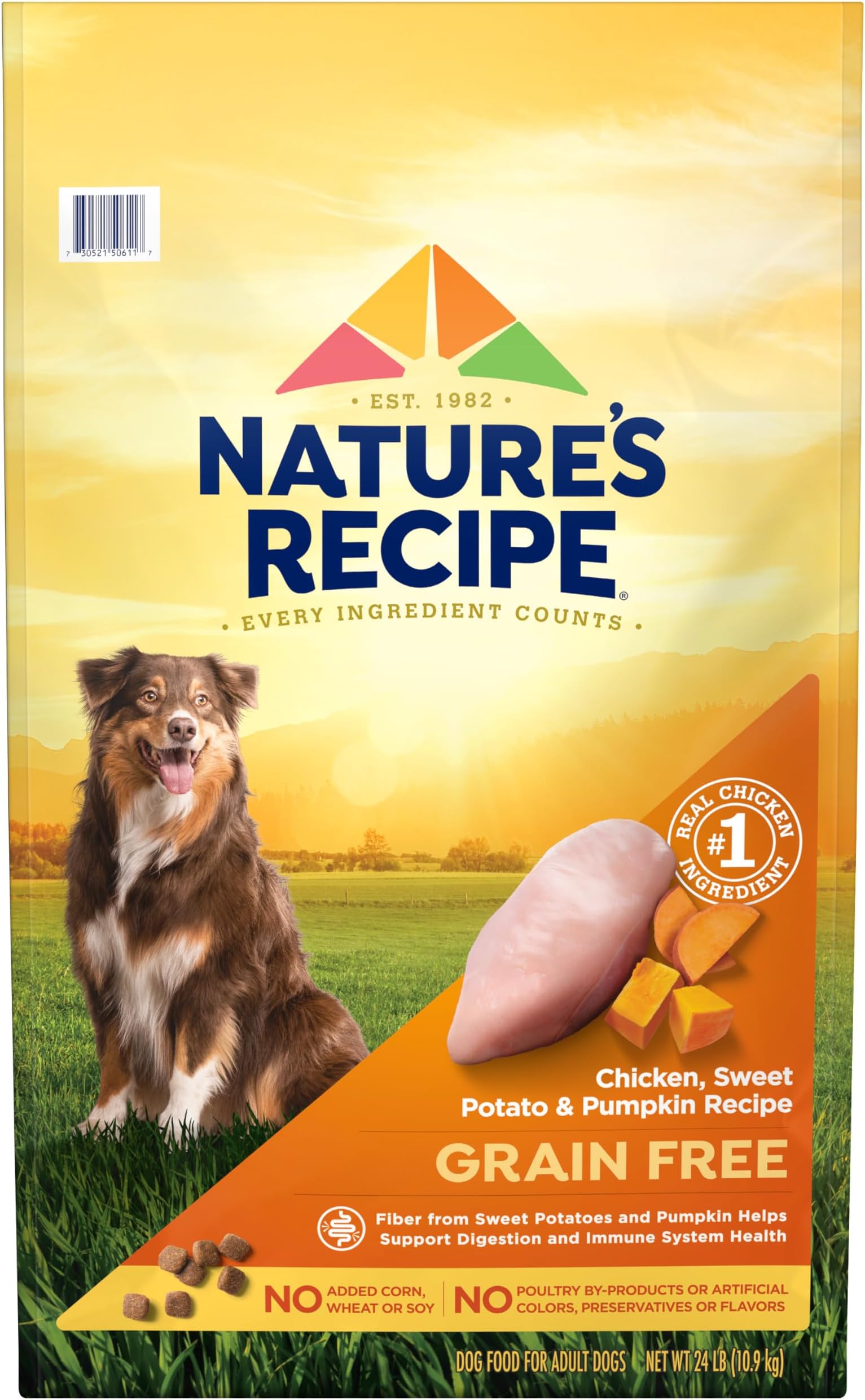 - Nature’s Recipe Grain Free Chicken, Sweet Potato & Pumpkin Recipe Dry Dog Food, 24 lb. Bag