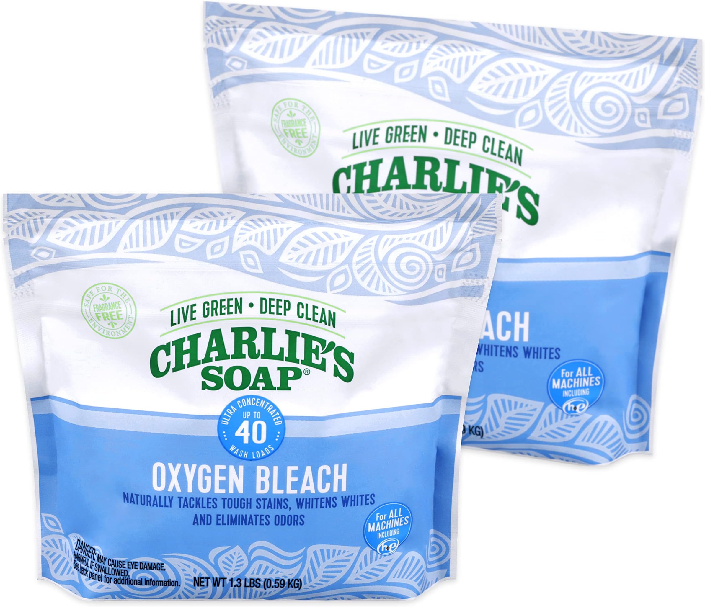 Charlie's Soap Oxygen Powered Bleach Powder, Color Safe For Clothes, Safe Bleach for White Clothes, An Unscented Fragrance Free Non Chlorine 1.3 lbs (2 Pack)