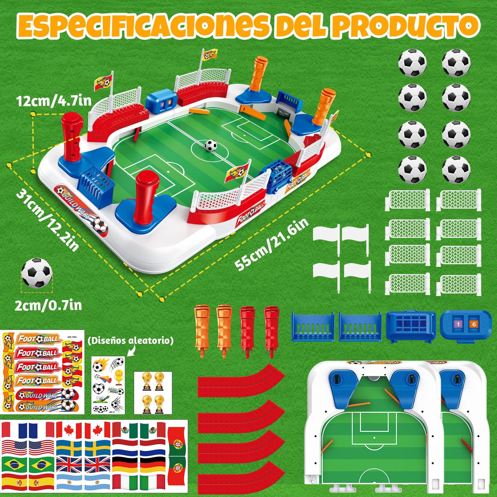 Futbolines para Niños, 55 × 31 Mini Futbolin Juegos de Futbol con 8 Futbol, Contador Manual, Pegatina, Matraquilhos Criança Juego de Mesa para 4 5 6 7 8 9 10 Años