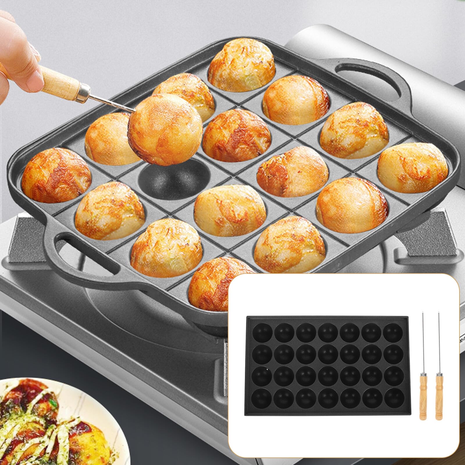 Lurrose Piastra Takoyaki 3 Pezzi in Ferro Nero Antiaderente per Cottura