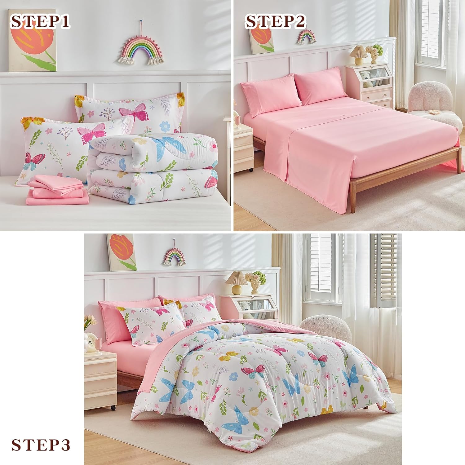 Joyreap 6pcs Bed in a Bag for Girls, Colorful Butterflies Floral Pink Design, Twin Size Microfiber Comforter Sheet Set, Soft Cozy Bedding Comforter Set for All Season