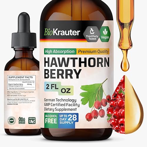 BIO KRAUTER Hawthorn Berry - Suplemento vegano puro de bayas de espino - Utilizado para apoyo general y bienestar diario - Gotas líquidas de 655 mg