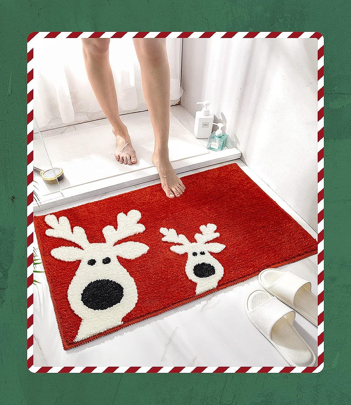 Christmas Bathroom Rugs Reindeer Christmas Bathroom Decor Red Cute Bath Mat Non-Slip Soft Bath Rug Absorbent Washable Shower Rug