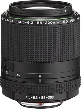 HD PENTAX-DA 55-300mmF4.5-6.3ED PLM WR RE Telephoto zoom lens High-speed and Quiet AF operation Weather-resistant construction Minimum focusing distance of 0.95 meters Compact and light weight