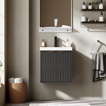 eclife 20" Floating Bathroom Vanity Sink Combo, Modern Wall Mounted Bathroom Cabinet with Resin Sink Top, Soft-Close Painted Door, Metal Handles, Matte Black Faucet for Small Space, Black