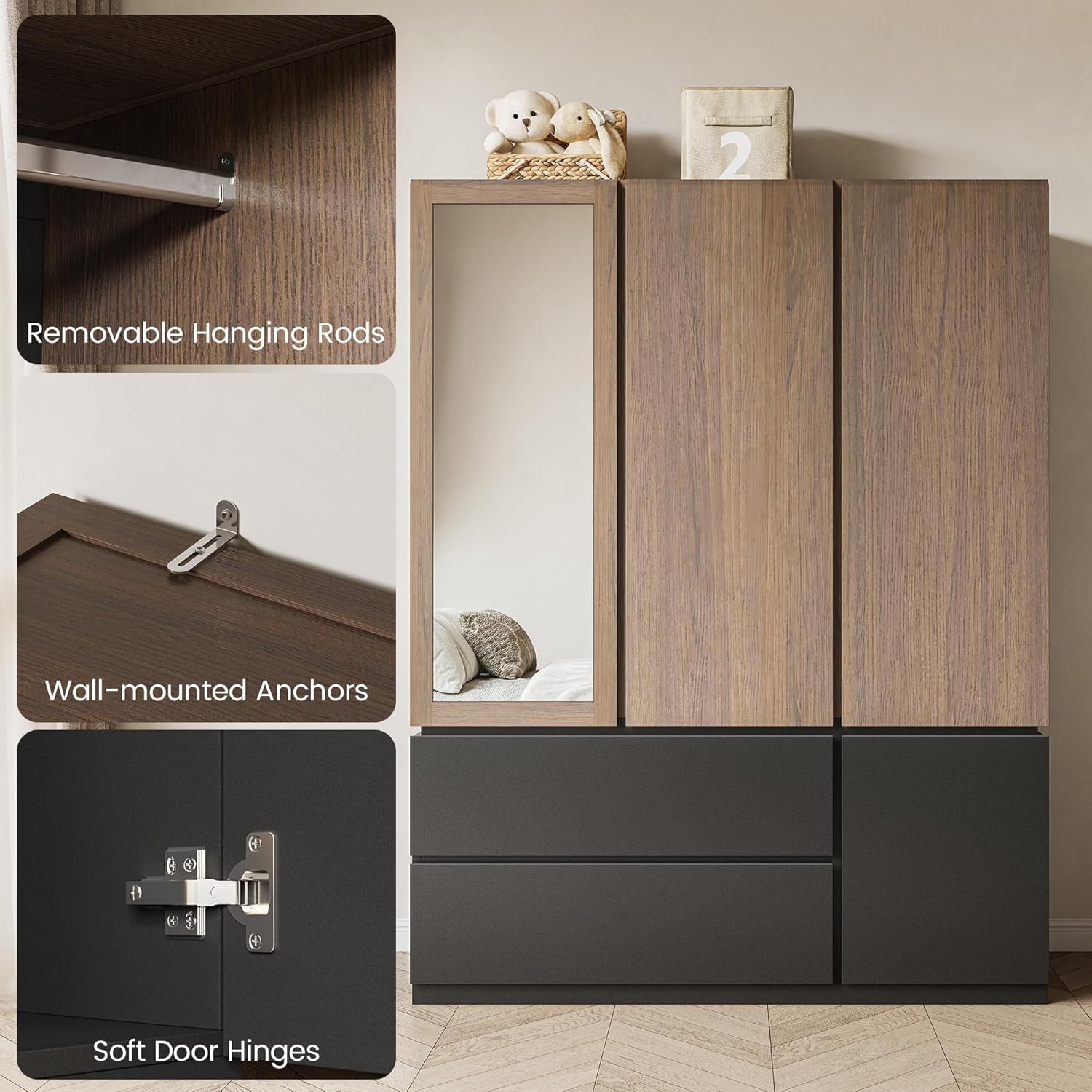 3 Doors Wardrobe Armoire Closet with Mirror, 71" H Tall Freestanding Wooden Closet, 2 Hanging Rods, 2 Drawers, Steel Ball Slides, Large Storage Cabinet for Bedroom, Rental, Modern Almirah