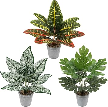 3 Pack 35CM Artificial Hanging Faux Plants in Pots Fake Plant Decorative for Greenery Home Bedroom Garden Indoor Outdoor Farmhouse Shelf Decor Variegated wood, Turtleback Leaf, White Taro Leaf