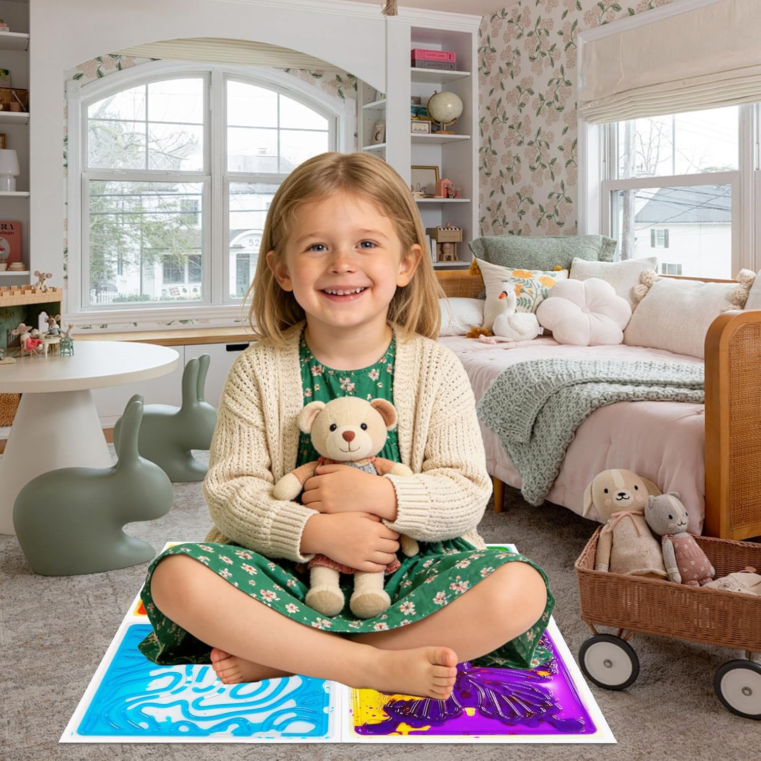 Liquid Sensory Floor Tiles for Kids: 12x12 Inch Active Play Mats for Kids Non-Toxic Leakproof -4 PCS Texture Non-Slip Color-Changing Pads Stress Relief & Motor Skills Toys