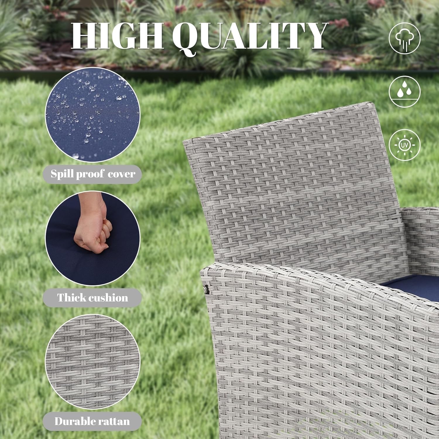 4 Piece Patio Furniture Sets, All-Weather PE Wicker Outdoor Sofa Couch Sectional Set, Small Conversation Set for Garden/Patio w/Cushion, Glass Table