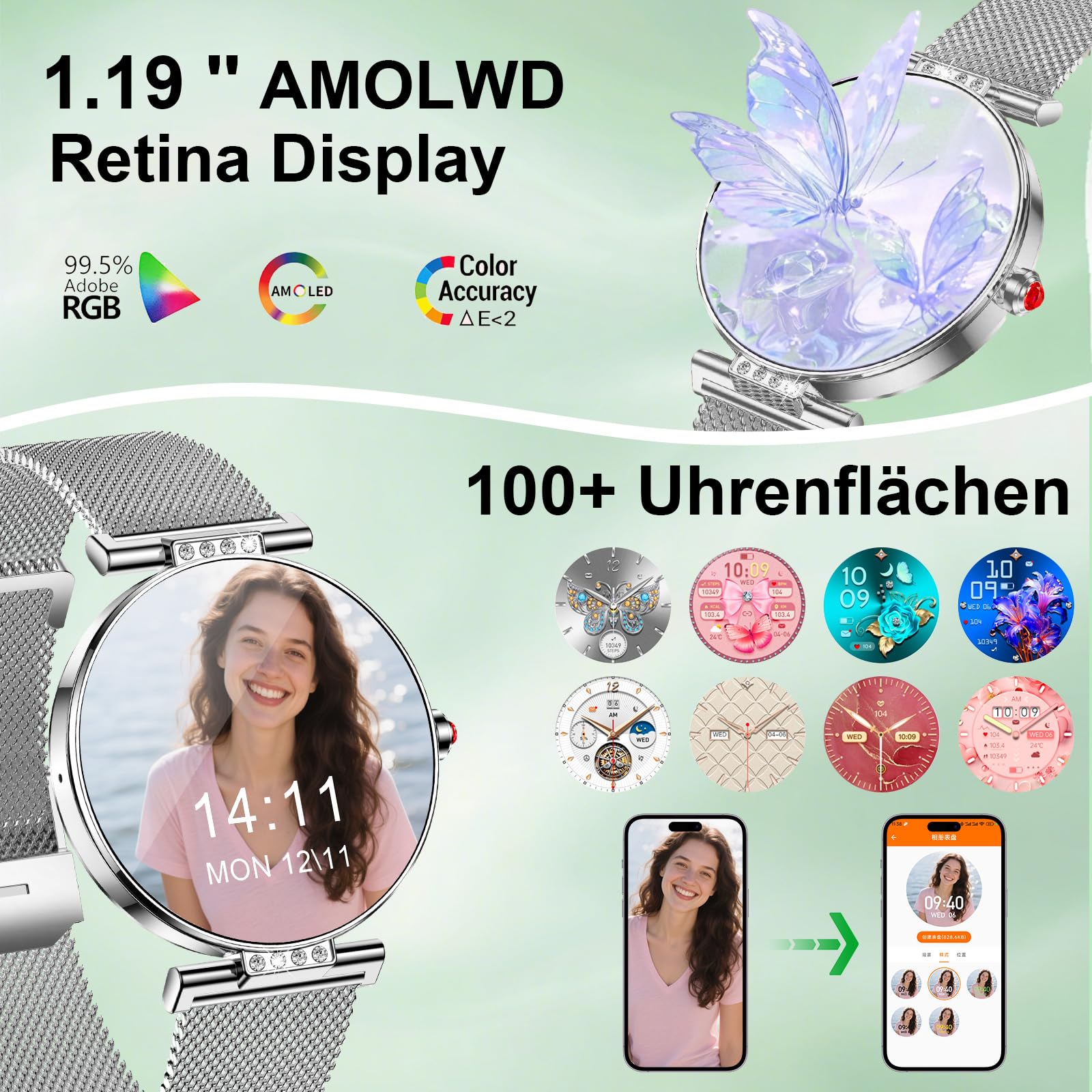 Smartwatch für Damen mit Telefonfunktion App-Benachrichtigungen Rund Schmal GesundheitsüBerwachung SchlafüBerwachung Fitness-Tracker Uhr Kleine DüNne Bluetooth Wasserdicht Android Ios