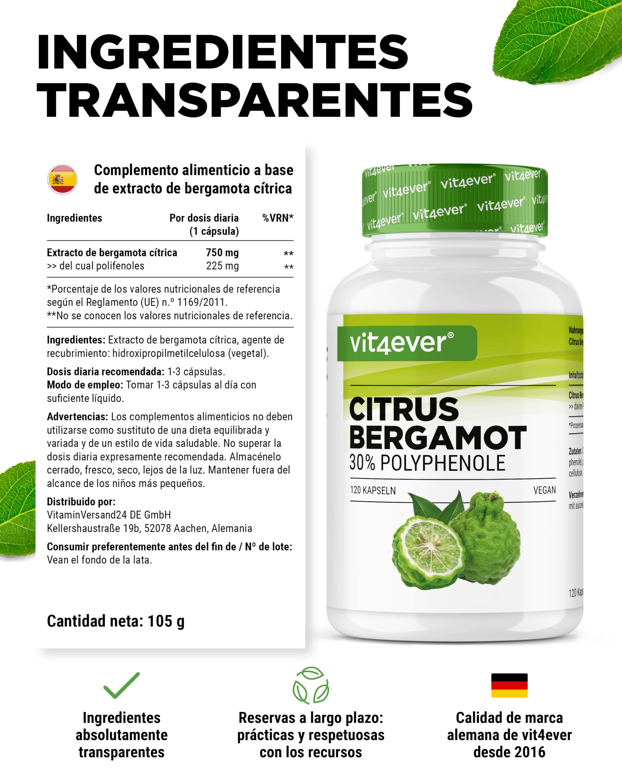 Bergamota cítrica (Citrus bergamia) - 120 cápsulas de alta dosis con 750 mg de extracto por cápsula - Premium: 30% polifenoles - Cruce entre cidra y naranja amarga - Vegano, sin aditivos innecesarios