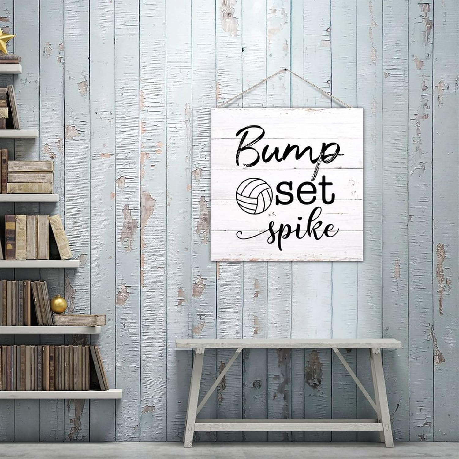 Antique Decorative Wooden Sign Bump Set Spike Volleyball Wood Wall Pediment Door Hanger Plaque Motivational Home Wall Decorations for Living Room Patio 16x16 Inch