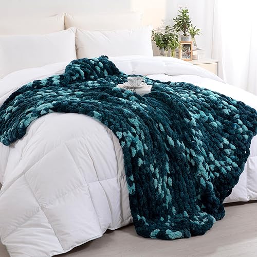 Miniatura 3 de HOMBYS Manta de punto grueso de teñido anudado, 50 x 60 pulgadas, 100% tejida a mano, suave y cálida, manta grande con nudo de cuerda de ganchillo