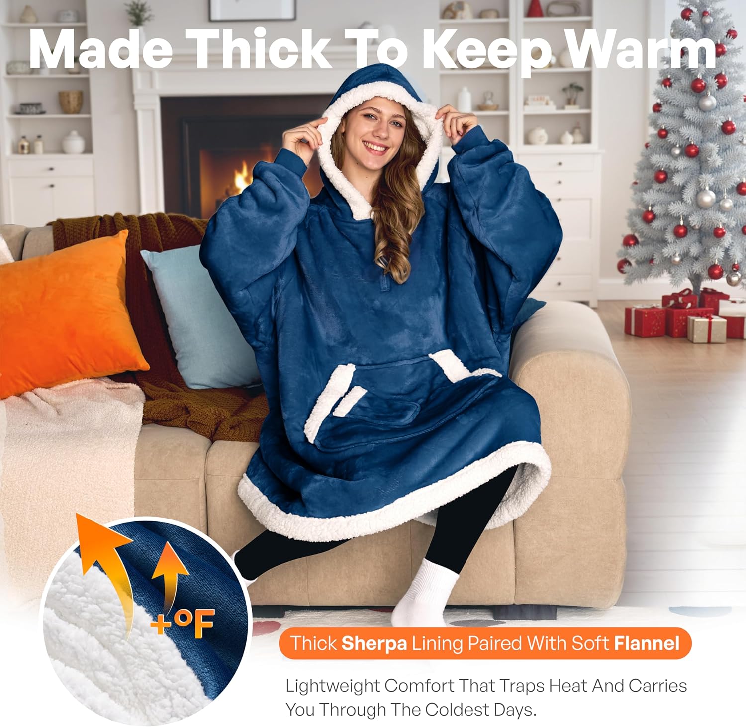 Giggling Getup Wearable Blanket Hoodie for Women and Men Gifts for Women Mom Wife Sherpa Fleece Hooded Blanket Sweatshirt Warm Cozy Sherpa Wearable Throw with Pocket & Sleeves for Adult Standard Navy - Image 2
