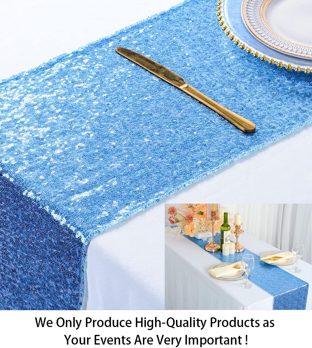 ShinyBeauty Baby Blue Table Runner 13''x108'' Sequin Table Runner Light Blue Table Runner Kitchen Table Runner 108 Inches Long Glitter Linen Table Runner for Party Thanksgiving Baby Shower