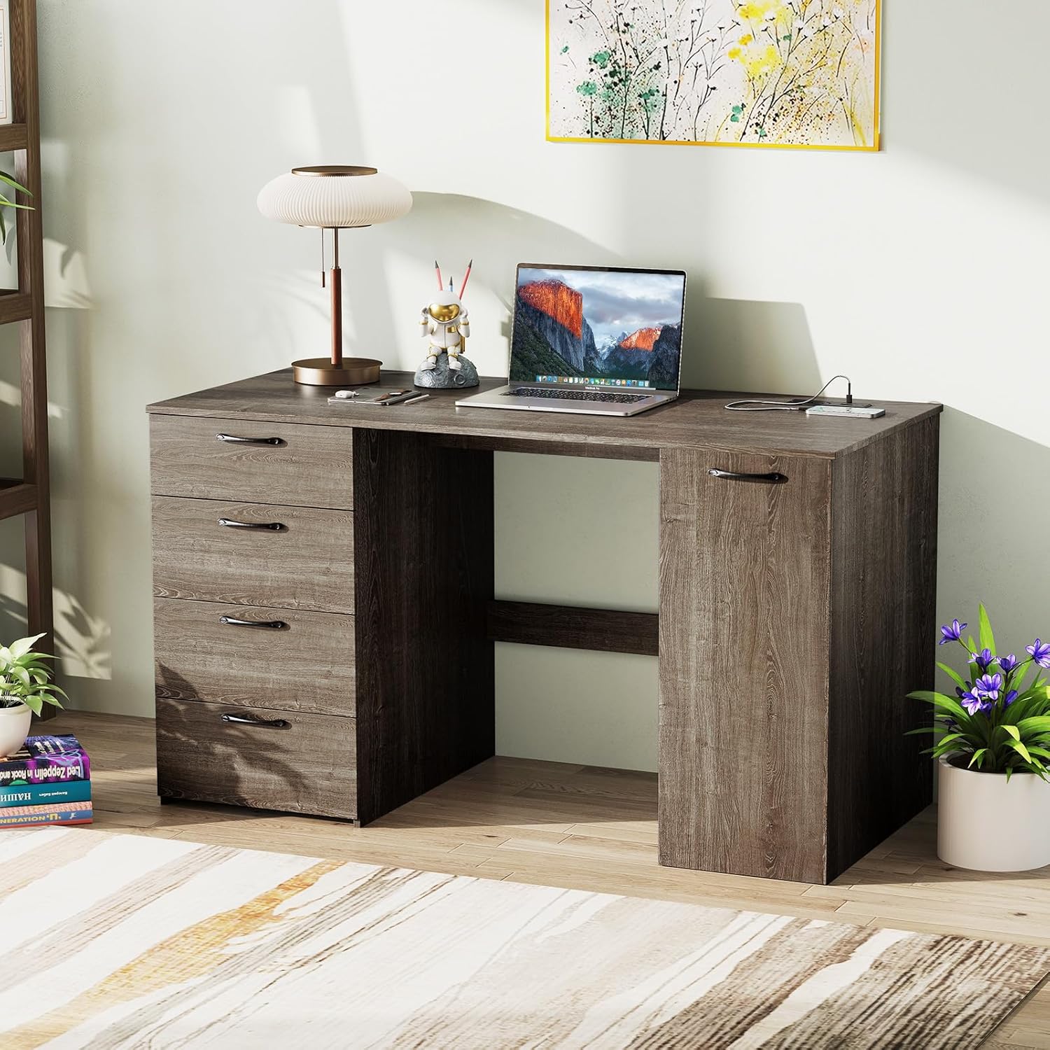 Tangkula 53" Computer Desk with 4 Storage Drawers & Cabinet, Home Office Desk with Charging Station, 5-Level Adjustable Shelf & Cable Management Hole, Writing Study Desk, Modern Executive Desk (Grey)