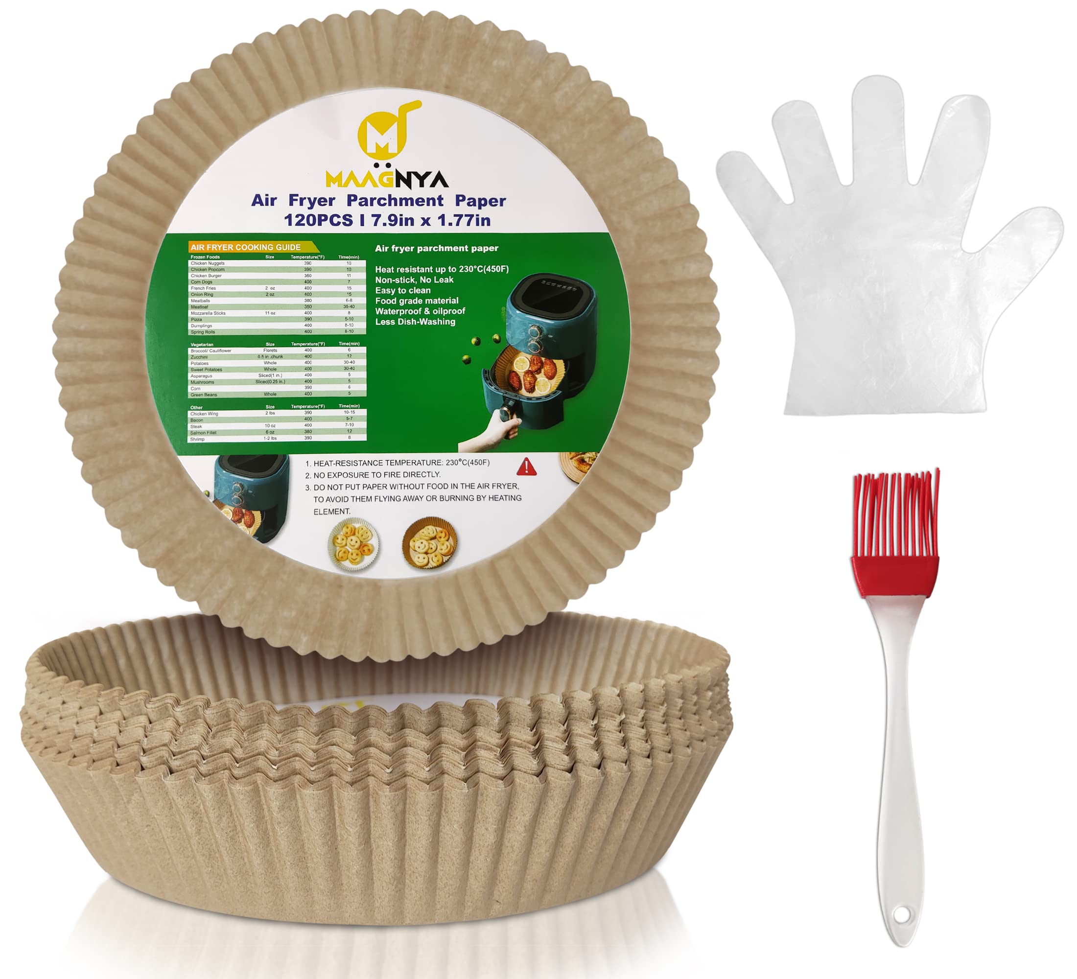 – 7.9inch Air Fryer Disposable Paper Liner,120pcs Round Non-Stick Parchment Paper liners with 100 Disposable Gloves, a Brush, Air fryer Cooking Times for Baking, Microwave, Oven (Brown)