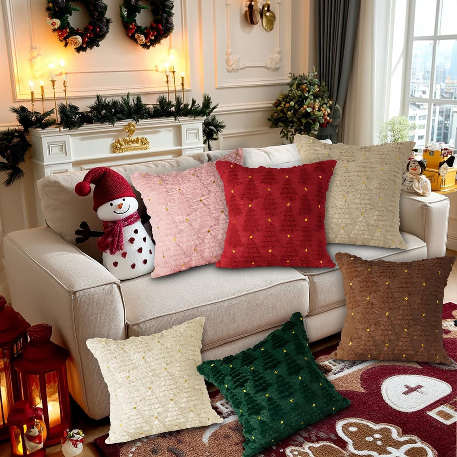 Lanpn Christmas 12x12 Throw Pillow Covers Set of 2, Winter Star Christmas Tree Throw Pillow Cases Soft Plush Faux Fur Wool 12 x 12 Winter Cushion Cover for Indoor Home Bedroom Couch Sofa Decor (White) image 4