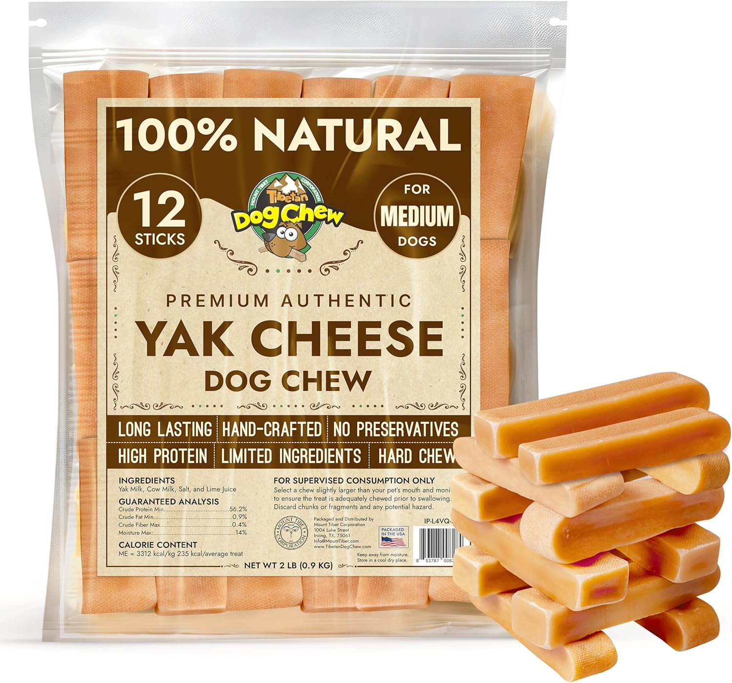 Tibetan Dog Chew 2 lb Yak Cheese Sticks - Natural Handmade Treats, Easy Digest, for Medium Dogs and Aggressive Chewers, Oral Care, Gluten/Rawhide-Free, Puppies and Adult Dogs, Bulk, Delicious Flavor