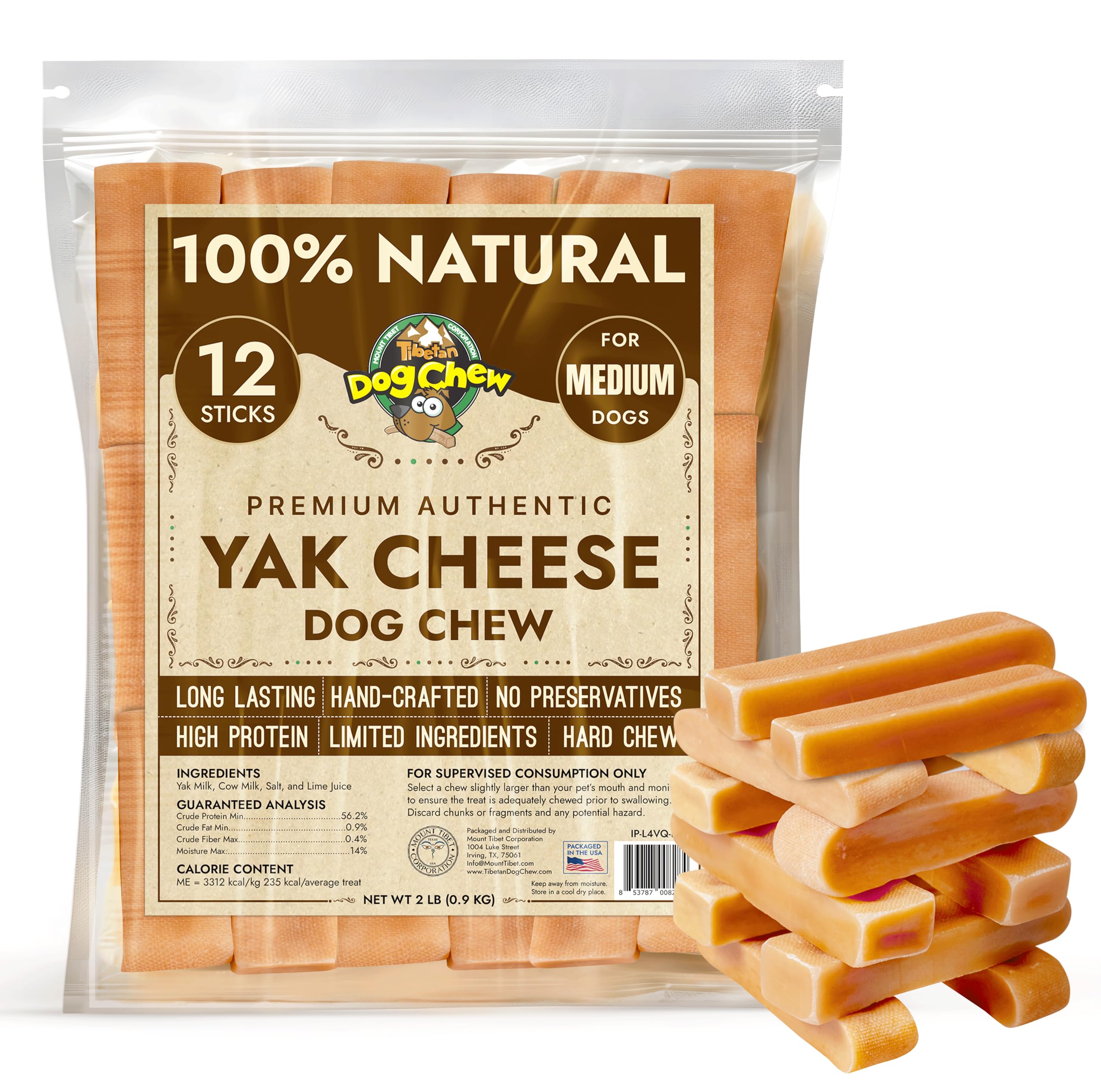 Tibetan Dog Chew 2 lb Yak Cheese Sticks - Natural Handmade Treats, Easy Digest, for Medium Dogs and Aggressive Chewers, Oral Care, Gluten/Rawhide-Free, Puppies and Adult Dogs, Bulk, Delicious Flavor