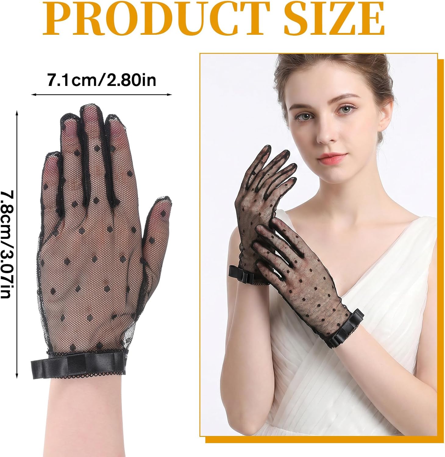 Black Mesh Lace Gloves with Polka Dots & Bow - Short Sheer Vintage Tea Party Gloves for Women, Opera Wedding Costume Accessories (22cm/8.7 Inch) image 3
