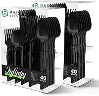 Vista 52 de Party Bargains Disposable Plastic Black Gold Cutlery Set, Infinity Modern Design Utensils, 40 Pack: 16 Forks, 8 Knives, 16 Spoons