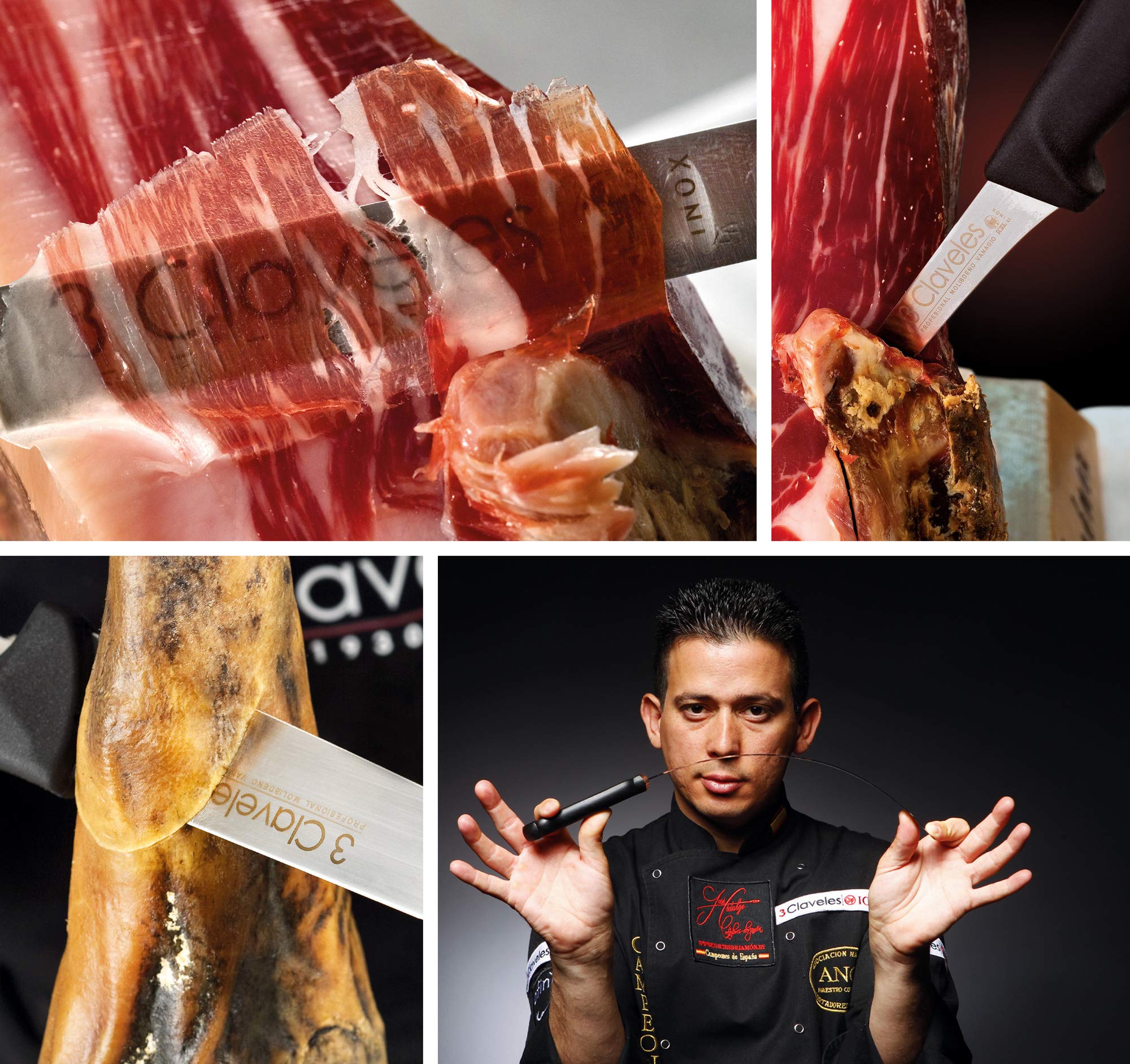 3 Claveles 28009 Set de 3 Cuchillos de Jamón, Chaira, Estuche, Acero Inoxidable, Multicolor, Estuche Cocinero Jamón